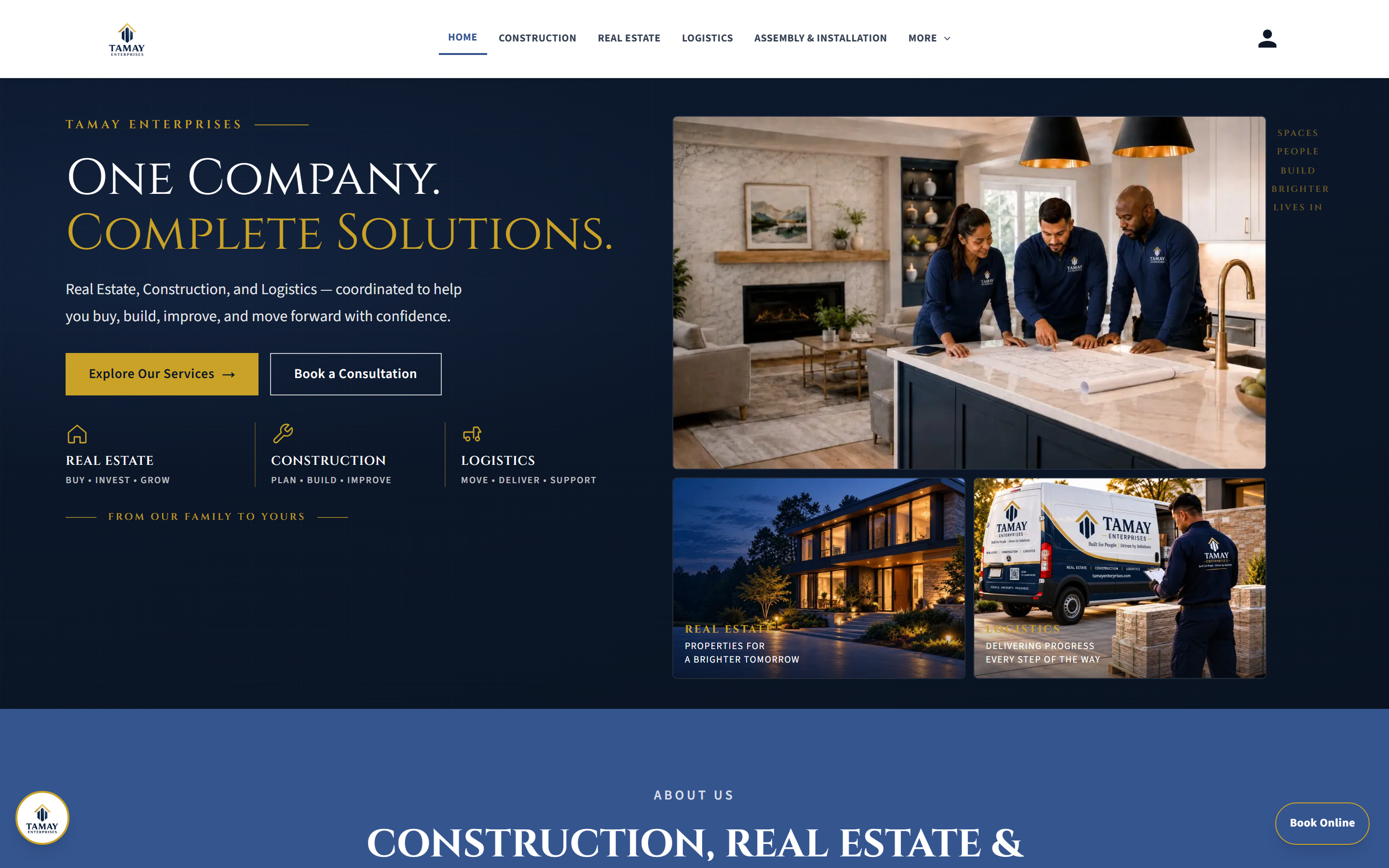 Tamay Enterprises homepage with One Company Complete Solutions headline, service CTAs, and photo collage